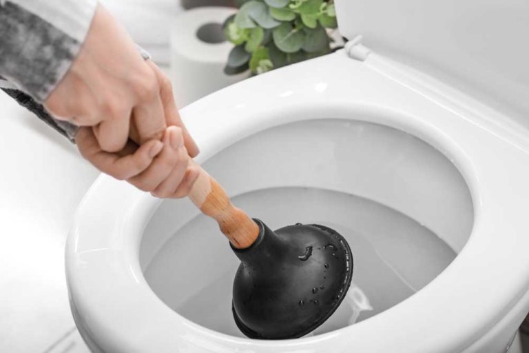 Person trying to unclog toilet with plunger